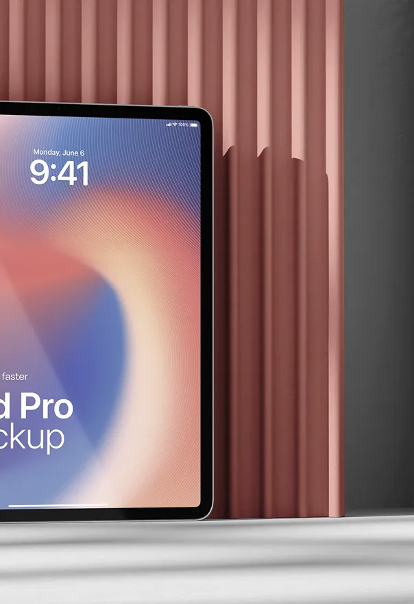 Close-up of iPad Pro mockup with a vibrant gradient wallpaper and red vertical panels.